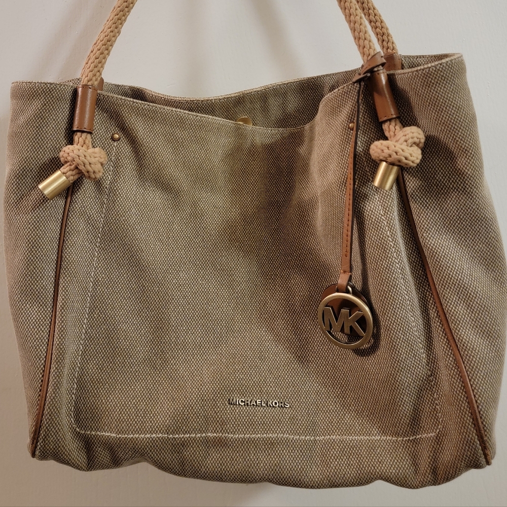 Michael Kors Tan Canvas Tote with Rope Handles and Gold Charm
